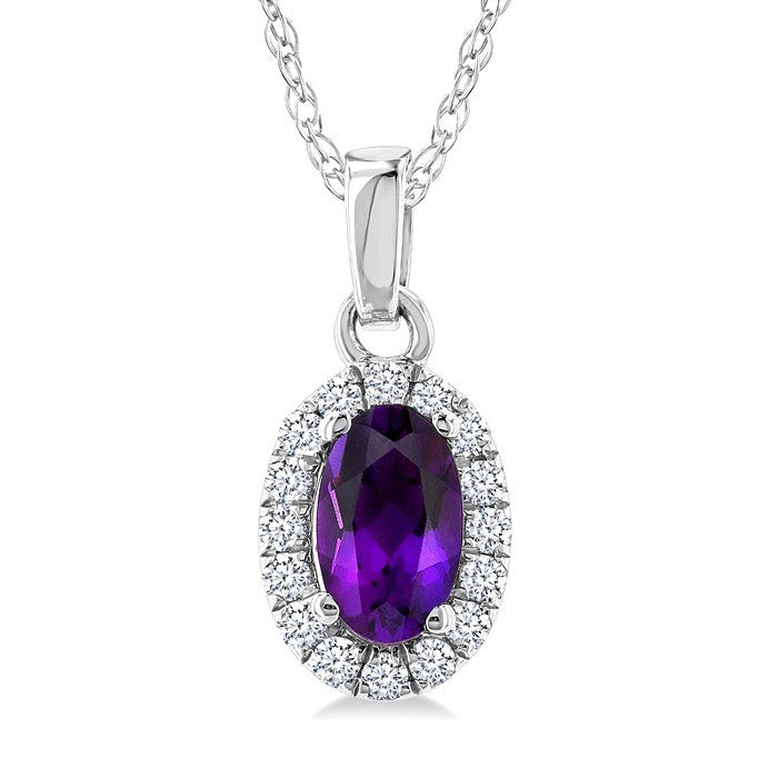 5x3 MM Oval Shape Amethyst and 1/20 Ctw Round Cut Diamond Halo Semi-Precious Pendant with Chain in 10K White Gold