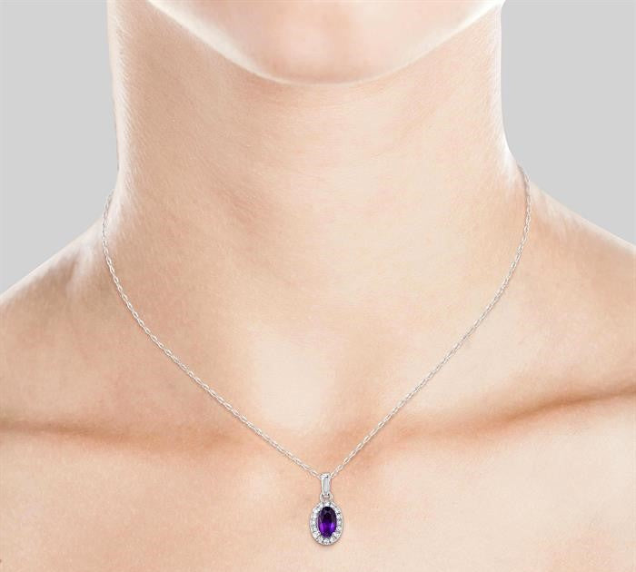 5x3 MM Oval Shape Amethyst and 1/20 Ctw Round Cut Diamond Halo Semi-Precious Pendant with Chain in 10K White Gold
