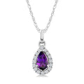5x3 MM Pear Shape Amethyst and 1/20 Ctw Round Cut Diamond Halo Semi-Precious Pendant with Chain in 10K White Gold