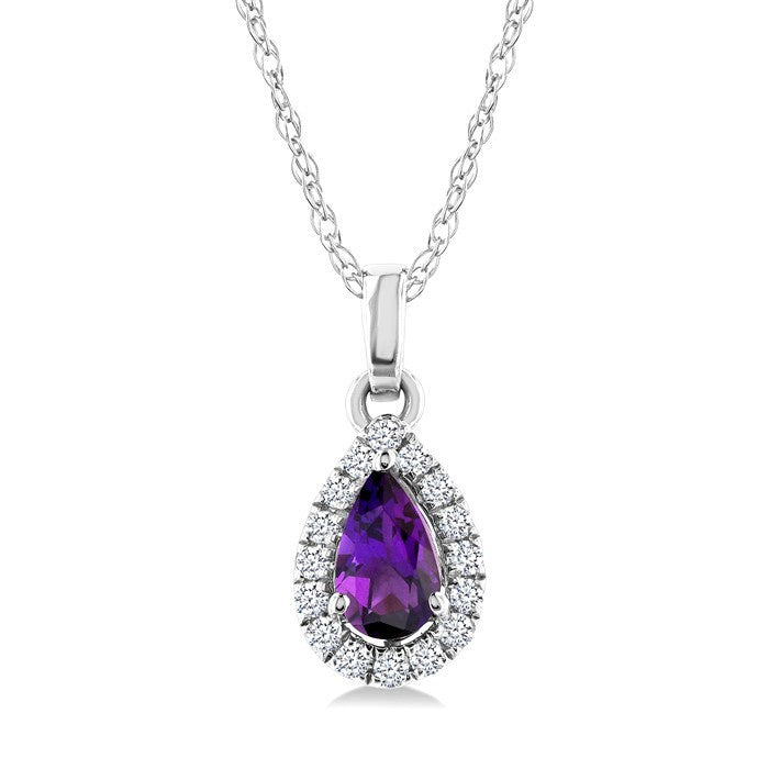 5x3 MM Pear Shape Amethyst and 1/20 Ctw Round Cut Diamond Halo Semi-Precious Pendant with Chain in 10K White Gold