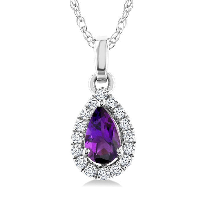 5x3 MM Pear Shape Amethyst and 1/20 Ctw Round Cut Diamond Halo Semi-Precious Pendant with Chain in 10K White Gold