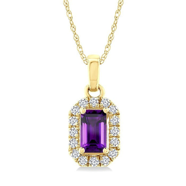 5x3 MM Octagonal Shape Amethyst and 1/20 Ctw Round Cut Diamond Halo Semi-Precious Pendant with Chain in 10K Yellow Gold