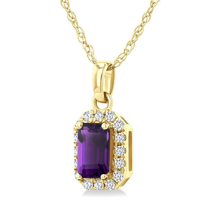 5x3 MM Octagonal Shape Amethyst and 1/20 Ctw Round Cut Diamond Halo Semi-Precious Pendant with Chain in 10K Yellow Gold