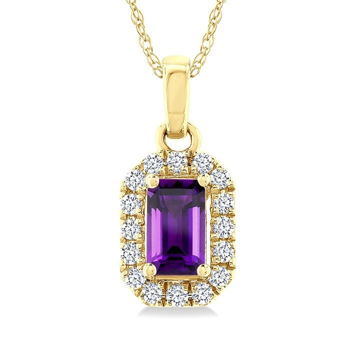 5x3 MM Octagonal Shape Amethyst and 1/20 Ctw Round Cut Diamond Halo Semi-Precious Pendant with Chain in 10K Yellow Gold