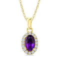 5x3 MM Oval Shape Amethyst and 1/20 Ctw Round Cut Diamond Halo Semi-Precious Pendant with Chain in 10K Yellow Gold