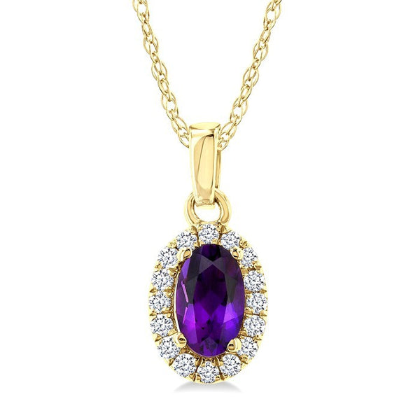 5x3 MM Oval Shape Amethyst and 1/20 Ctw Round Cut Diamond Halo Semi-Precious Pendant with Chain in 10K Yellow Gold