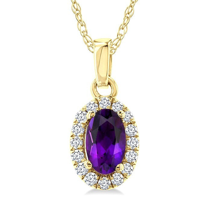 5x3 MM Oval Shape Amethyst and 1/20 Ctw Round Cut Diamond Halo Semi-Precious Pendant with Chain in 10K Yellow Gold