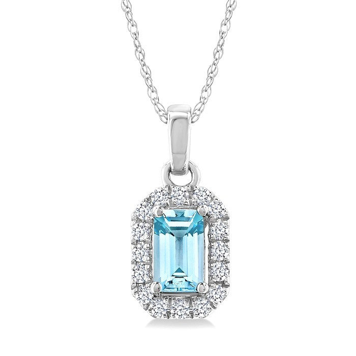 5x3 MM Octagonal Shape Aquamarine and 1/20 Ctw Round Cut Diamond Halo Semi-Precious Pendant with Chain in 10K White Gold