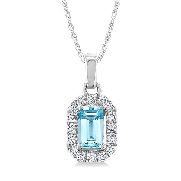 5x3 MM Octagonal Shape Aquamarine and 1/20 Ctw Round Cut Diamond Halo Semi-Precious Pendant with Chain in 10K White Gold