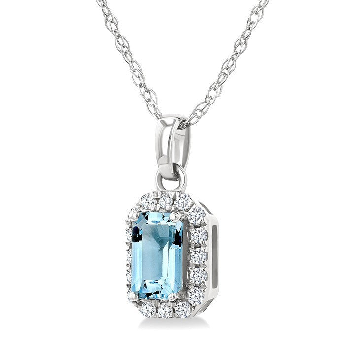 5x3 MM Octagonal Shape Aquamarine and 1/20 Ctw Round Cut Diamond Halo Semi-Precious Pendant with Chain in 10K White Gold