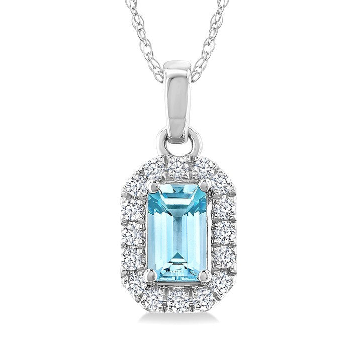 5x3 MM Octagonal Shape Aquamarine and 1/20 Ctw Round Cut Diamond Halo Semi-Precious Pendant with Chain in 10K White Gold