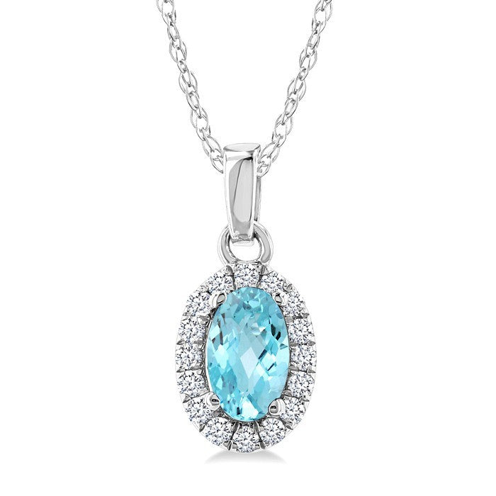 5x3 MM Oval Shape Aquamarine and 1/20 Ctw Round Cut Diamond Halo Semi-Precious Pendant with Chain in 10K White Gold