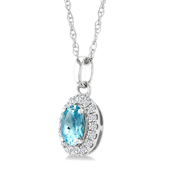 5x3 MM Oval Shape Aquamarine and 1/20 Ctw Round Cut Diamond Halo Semi-Precious Pendant with Chain in 10K White Gold