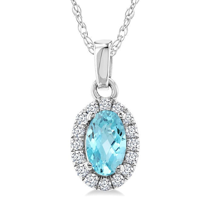 5x3 MM Oval Shape Aquamarine and 1/20 Ctw Round Cut Diamond Halo Semi-Precious Pendant with Chain in 10K White Gold