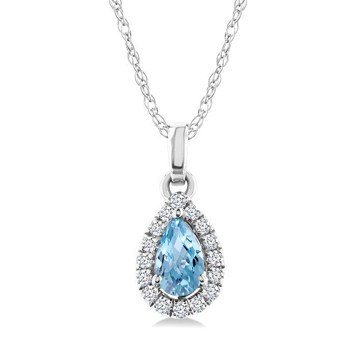 5x3 MM Pear Shape Aquamarine and 1/20 Ctw Round Cut Diamond Halo Semi-Precious Pendant with Chain in 10K White Gold