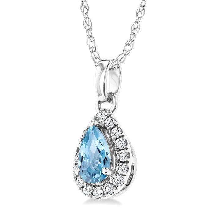 5x3 MM Pear Shape Aquamarine and 1/20 Ctw Round Cut Diamond Halo Semi-Precious Pendant with Chain in 10K White Gold
