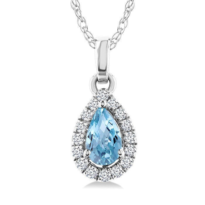 5x3 MM Pear Shape Aquamarine and 1/20 Ctw Round Cut Diamond Halo Semi-Precious Pendant with Chain in 10K White Gold