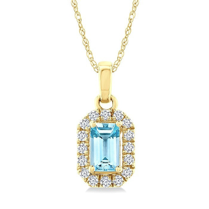 5x3 MM Octagonal Shape Aquamarine and 1/20 Ctw Round Cut Diamond Halo Semi-Precious Pendant with Chain in 10K Yellow Gold