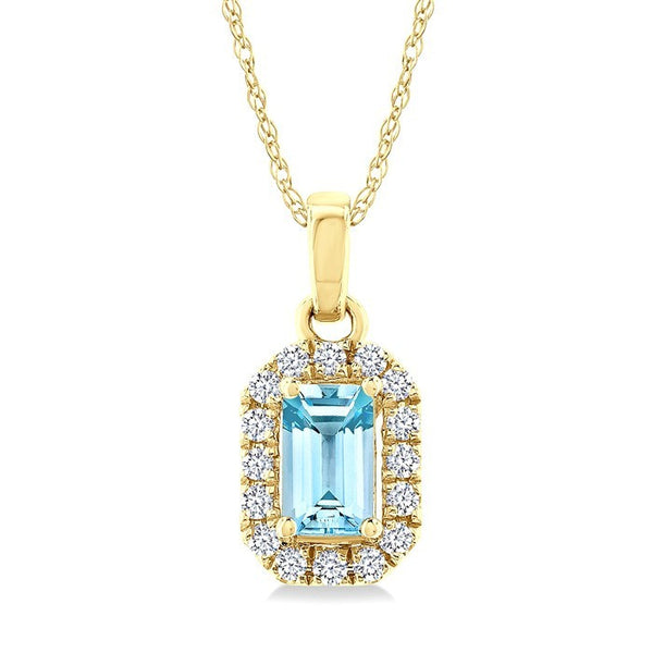 5x3 MM Octagonal Shape Aquamarine and 1/20 Ctw Round Cut Diamond Halo Semi-Precious Pendant with Chain in 10K Yellow Gold