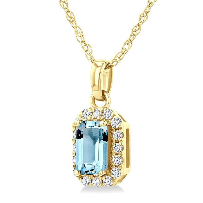 5x3 MM Octagonal Shape Aquamarine and 1/20 Ctw Round Cut Diamond Halo Semi-Precious Pendant with Chain in 10K Yellow Gold