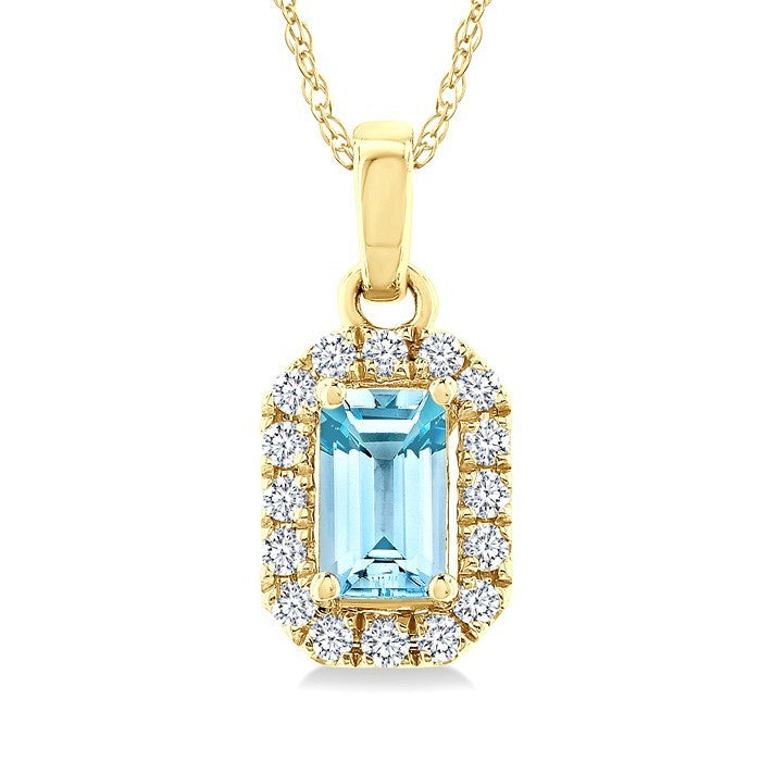 5x3 MM Octagonal Shape Aquamarine and 1/20 Ctw Round Cut Diamond Halo Semi-Precious Pendant with Chain in 10K Yellow Gold