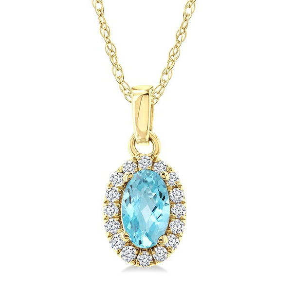 5x3 MM Oval Shape Aquamarine and 1/20 Ctw Round Cut Diamond Halo Semi-Precious Pendant with Chain in 10K Yellow Gold