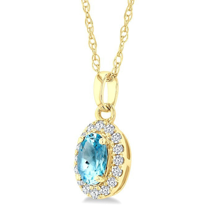 5x3 MM Oval Shape Aquamarine and 1/20 Ctw Round Cut Diamond Halo Semi-Precious Pendant with Chain in 10K Yellow Gold