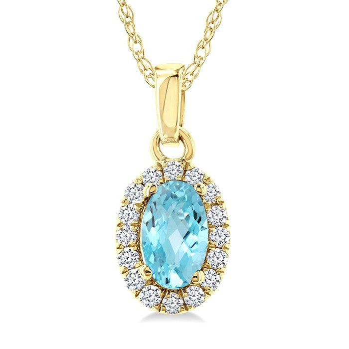 5x3 MM Oval Shape Aquamarine and 1/20 Ctw Round Cut Diamond Halo Semi-Precious Pendant with Chain in 10K Yellow Gold