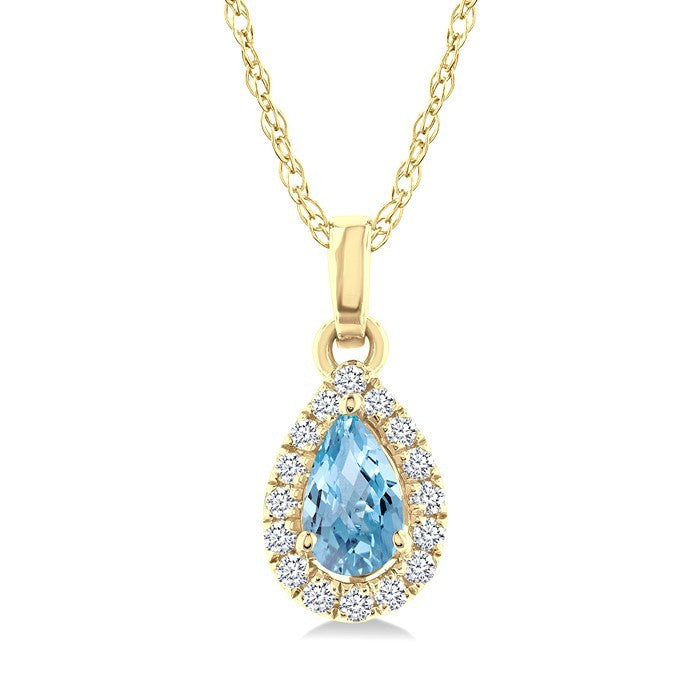 5x3 MM Pear Shape Aquamarine and 1/20 Ctw Round Cut Diamond Halo Semi-Precious Pendant with Chain in 10K Yellow Gold