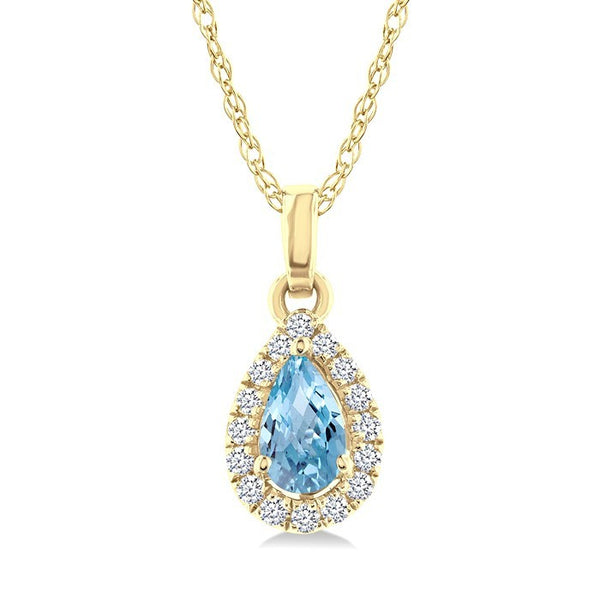 5x3 MM Pear Shape Aquamarine and 1/20 Ctw Round Cut Diamond Halo Semi-Precious Pendant with Chain in 10K Yellow Gold