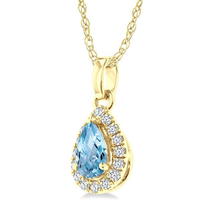 5x3 MM Pear Shape Aquamarine and 1/20 Ctw Round Cut Diamond Halo Semi-Precious Pendant with Chain in 10K Yellow Gold