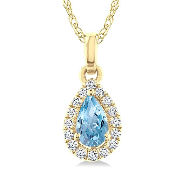 5x3 MM Pear Shape Aquamarine and 1/20 Ctw Round Cut Diamond Halo Semi-Precious Pendant with Chain in 10K Yellow Gold