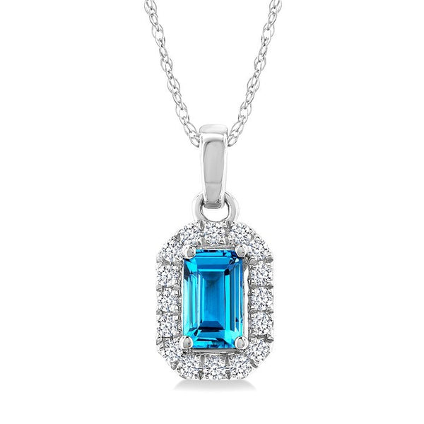 5x3 MM Octagonal Shape Blue Topaz and 1/20 Ctw Round Cut Diamond Halo Semi-Precious Pendant with Chain in 10K White Gold