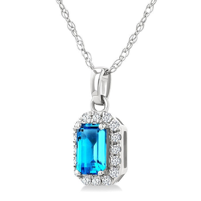 5x3 MM Octagonal Shape Blue Topaz and 1/20 Ctw Round Cut Diamond Halo Semi-Precious Pendant with Chain in 10K White Gold