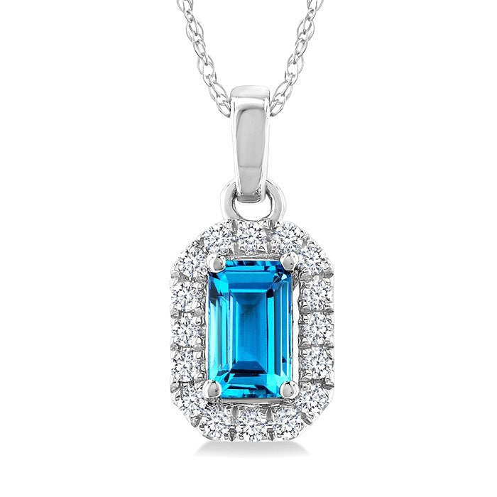 5x3 MM Octagonal Shape Blue Topaz and 1/20 Ctw Round Cut Diamond Halo Semi-Precious Pendant with Chain in 10K White Gold
