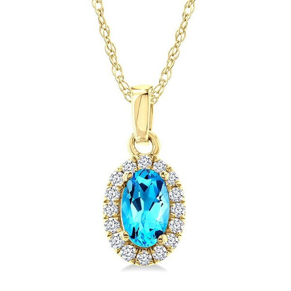 5x3 MM Oval Shape Blue Topaz and 1/20 Ctw Round Cut Diamond Halo Semi-Precious Pendant with Chain in 10K Yellow Gold