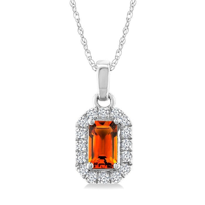 5x3 MM Octagonal Shape Citrine and 1/20 Ctw Round Cut Diamond Halo Semi-Precious Pendant with Chain in 10K White Gold