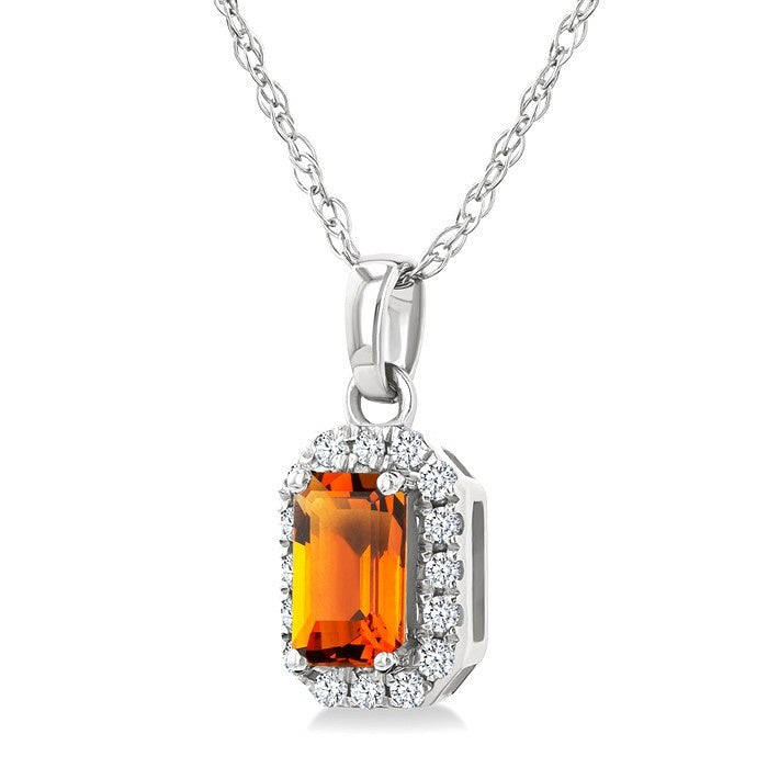 5x3 MM Octagonal Shape Citrine and 1/20 Ctw Round Cut Diamond Halo Semi-Precious Pendant with Chain in 10K White Gold