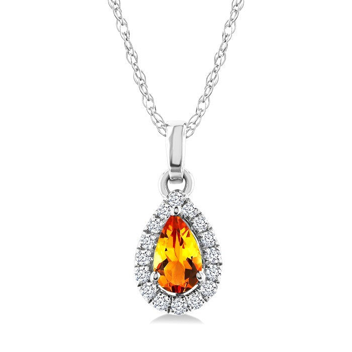 5x3 MM Pear Shape Citrine and 1/20 Ctw Round Cut Diamond Halo Semi-Precious Pendant with Chain in 10K White Gold