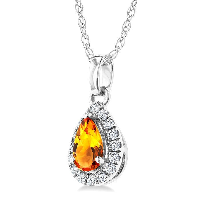 5x3 MM Pear Shape Citrine and 1/20 Ctw Round Cut Diamond Halo Semi-Precious Pendant with Chain in 10K White Gold