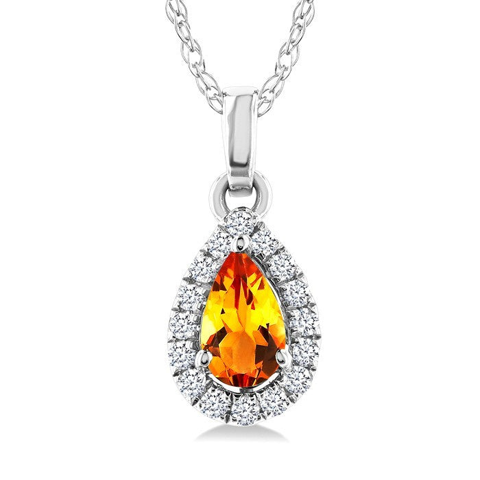 5x3 MM Pear Shape Citrine and 1/20 Ctw Round Cut Diamond Halo Semi-Precious Pendant with Chain in 10K White Gold