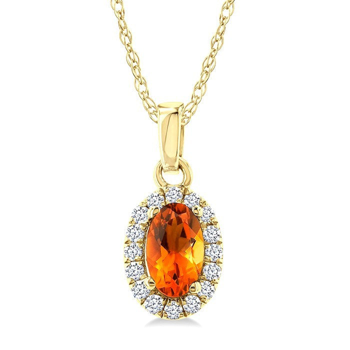 5x3 MM Oval Shape Citrine and 1/20 Ctw Round Cut Diamond Halo Semi-Precious Pendant with Chain in 10K Yellow Gold