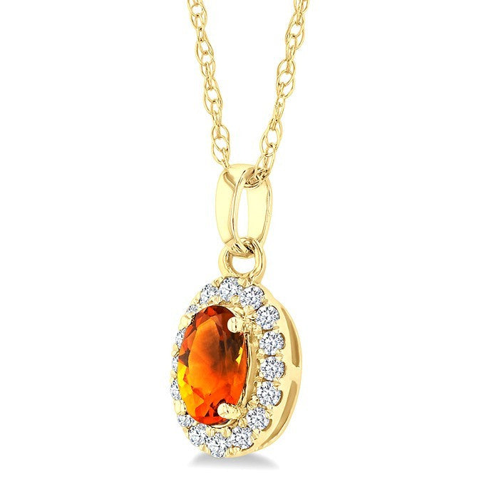 5x3 MM Oval Shape Citrine and 1/20 Ctw Round Cut Diamond Halo Semi-Precious Pendant with Chain in 10K Yellow Gold