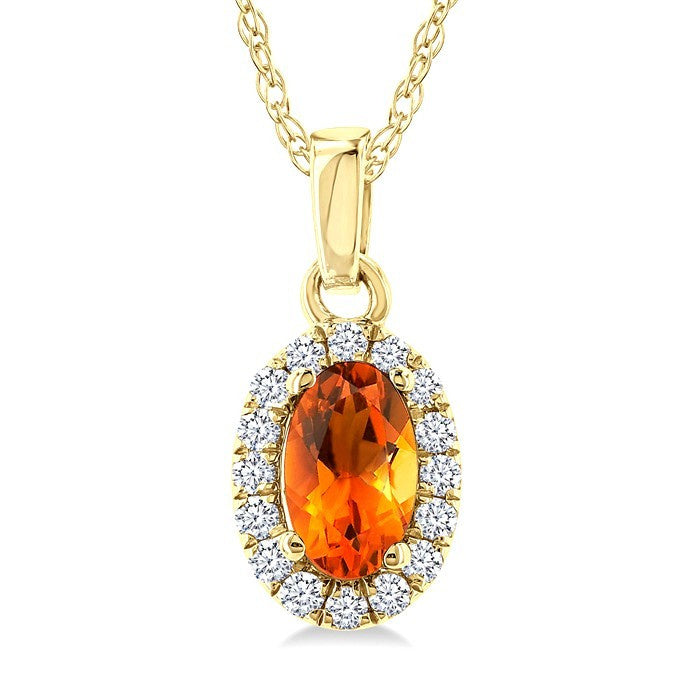 5x3 MM Oval Shape Citrine and 1/20 Ctw Round Cut Diamond Halo Semi-Precious Pendant with Chain in 10K Yellow Gold