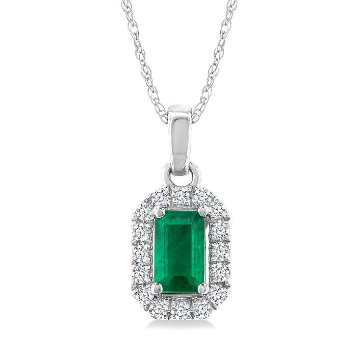 5x3 MM Octagonal Shape Emerald and 1/20 Ctw Round Cut Diamond Halo Precious Pendant with Chain in 10K White Gold