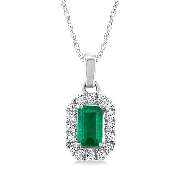 5x3 MM Octagonal Shape Emerald and 1/20 Ctw Round Cut Diamond Halo Precious Pendant with Chain in 10K White Gold