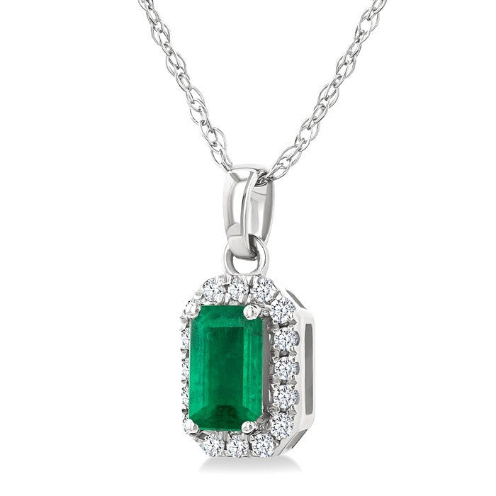 5x3 MM Octagonal Shape Emerald and 1/20 Ctw Round Cut Diamond Halo Precious Pendant with Chain in 10K White Gold