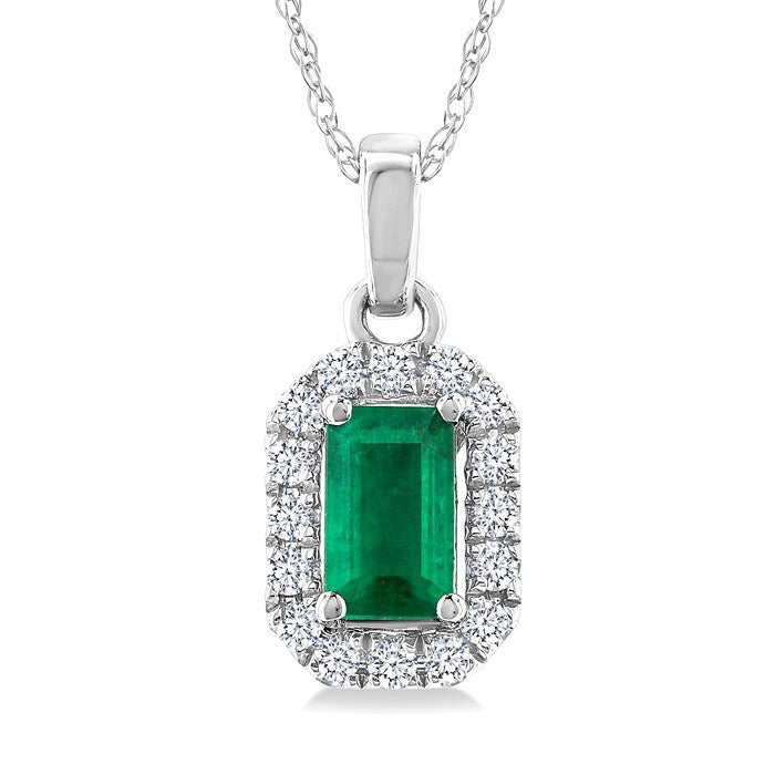 5x3 MM Octagonal Shape Emerald and 1/20 Ctw Round Cut Diamond Halo Precious Pendant with Chain in 10K White Gold