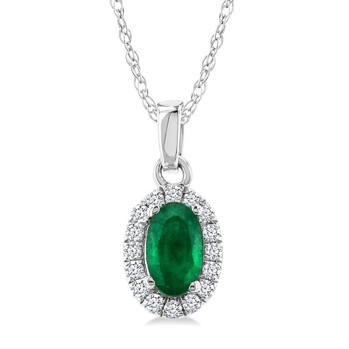 5x3 MM Oval Shape Emerald and 1/20 Ctw Round Cut Diamond Halo Precious Pendant with Chain in 10K White Gold