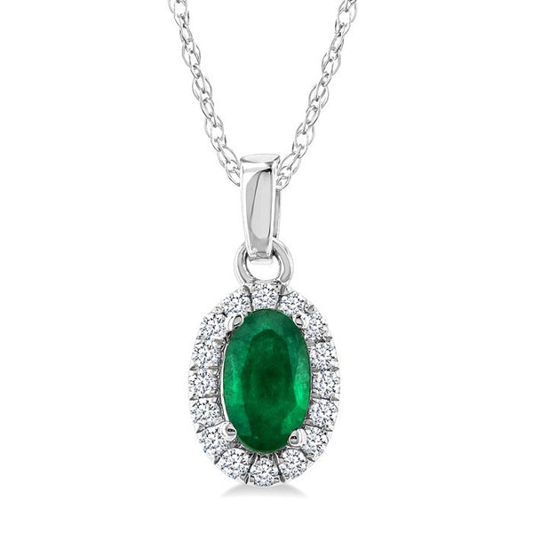 5x3 MM Oval Shape Emerald and 1/20 Ctw Round Cut Diamond Halo Precious Pendant with Chain in 10K White Gold